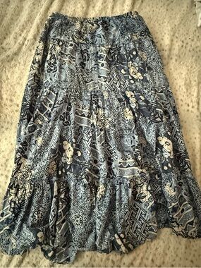 Style & Co Blue Boho Tiered Skirt Size Large Flowy Midi Patchwork Print